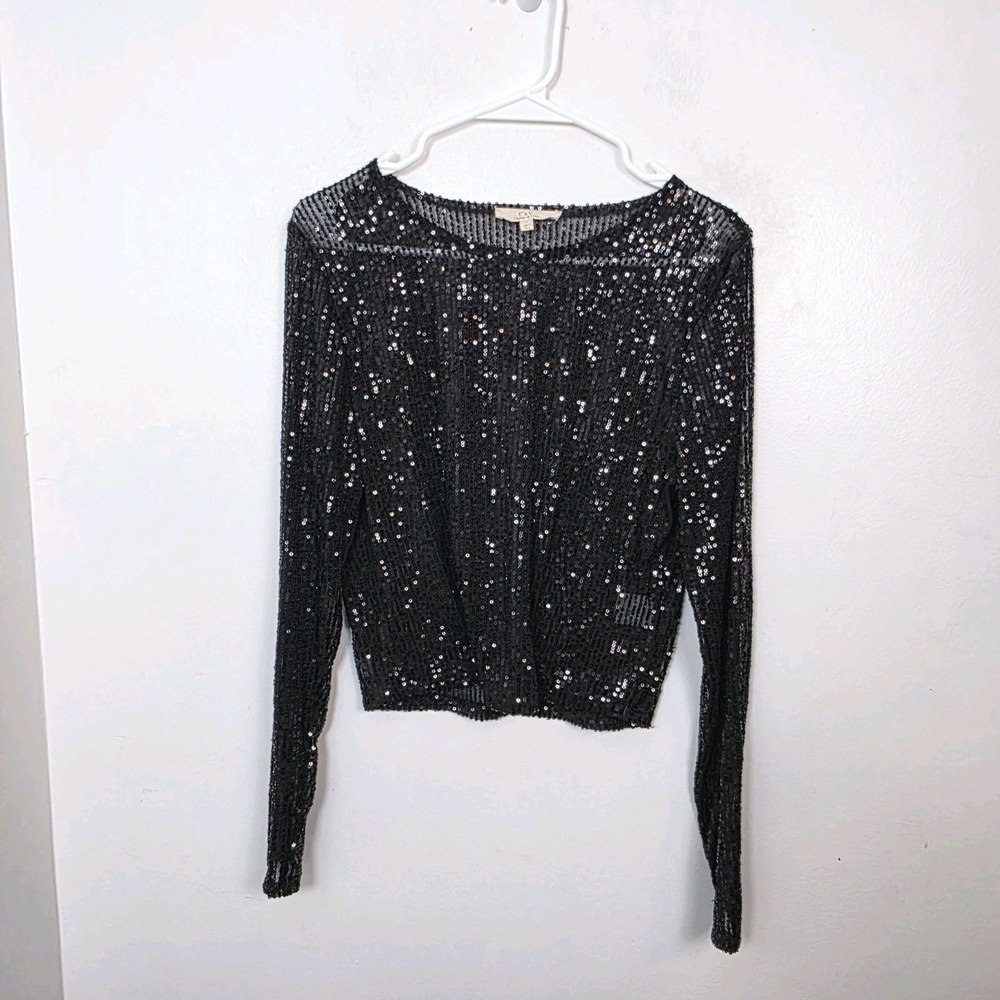 Chelsea & Violet Black‎ Sequin Sheer Mesh Glam Party Gothic Long Sleeve Top Sz L